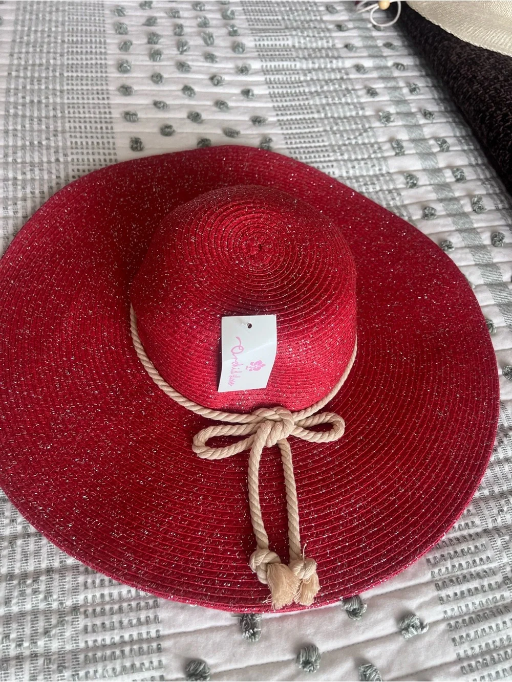 Women's Red Wide-Brim Straw Hat with Rope Bow